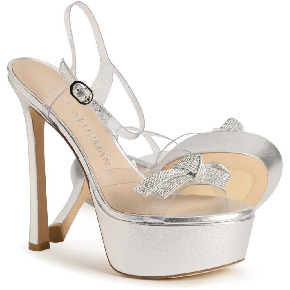Stuart Weitzman Platform Sandal Silver Sz 7 Mega Bow Swarovski Crystals ($675)